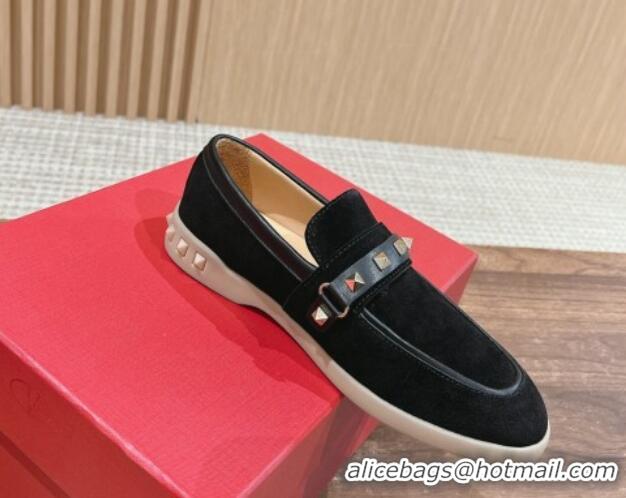 Grade Quality Valentino Leisure Flows Rockstud Loafers in Suede Black 812132