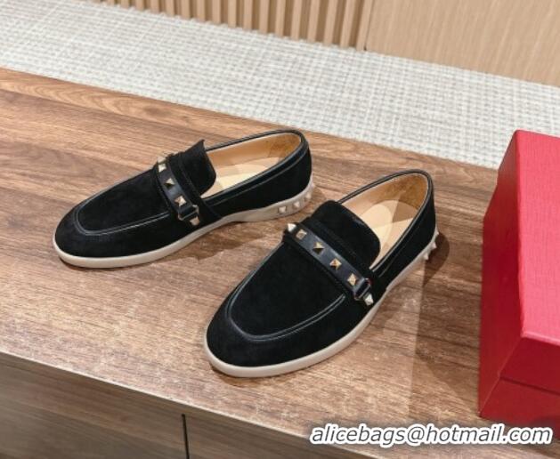 Grade Quality Valentino Leisure Flows Rockstud Loafers in Suede Black 812132