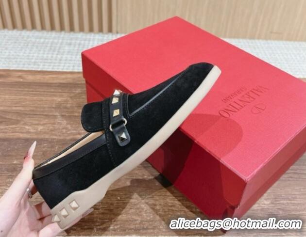 Grade Quality Valentino Leisure Flows Rockstud Loafers in Suede Black 812132