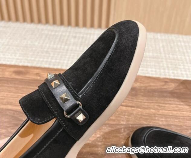 Grade Quality Valentino Leisure Flows Rockstud Loafers in Suede Black 812132