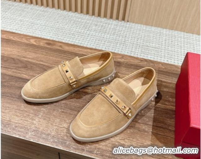 Best Product Valentino Leisure Flows Rockstud Loafers in Suede Camel Brown 812133