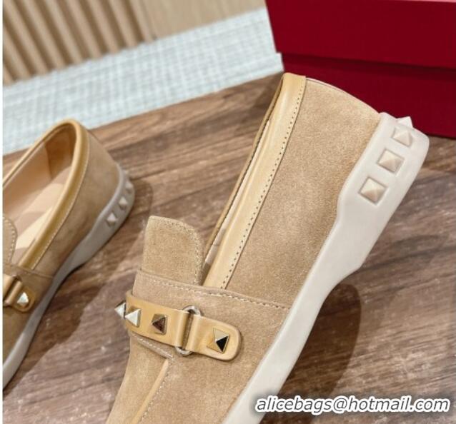 Best Product Valentino Leisure Flows Rockstud Loafers in Suede Camel Brown 812133