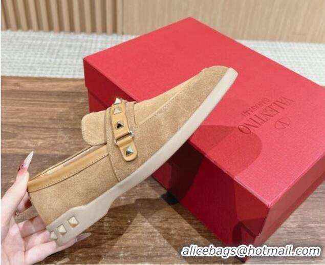 Best Product Valentino Leisure Flows Rockstud Loafers in Suede Camel Brown 812133