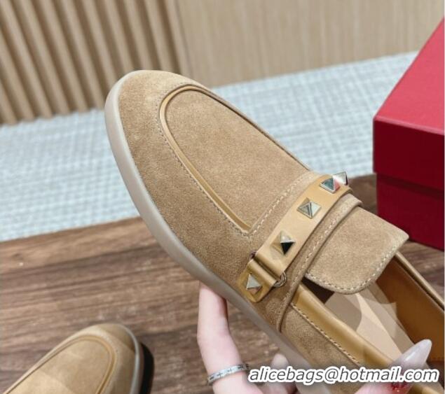 Best Product Valentino Leisure Flows Rockstud Loafers in Suede Camel Brown 812133