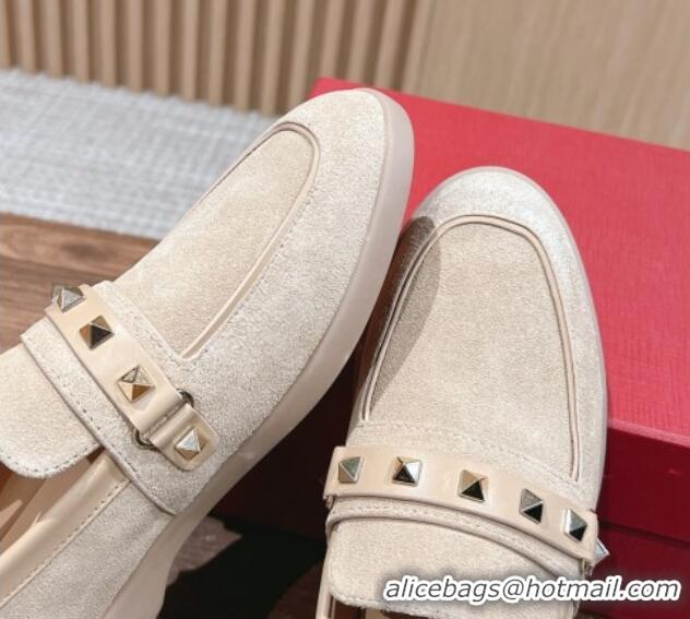 Buy Discount Valentino Leisure Flows Rockstud Loafers in Suede Beige 812134