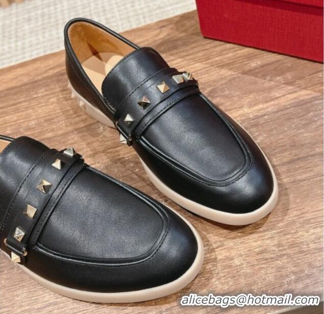 Unique Style Valentino Leisure Flows Rockstud Loafers in Leather Black 812135