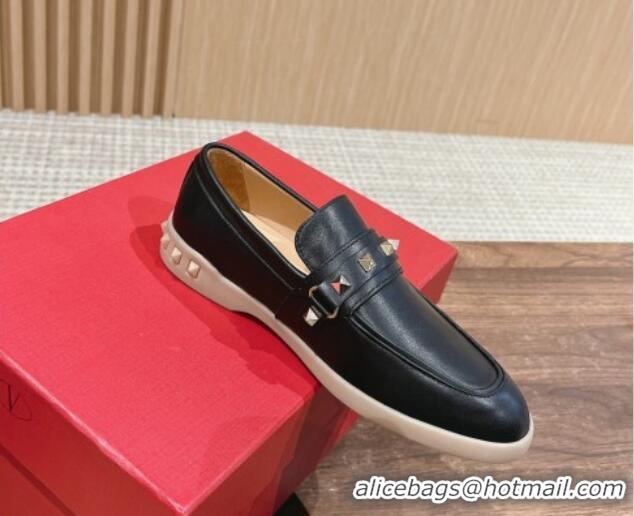 Unique Style Valentino Leisure Flows Rockstud Loafers in Leather Black 812135