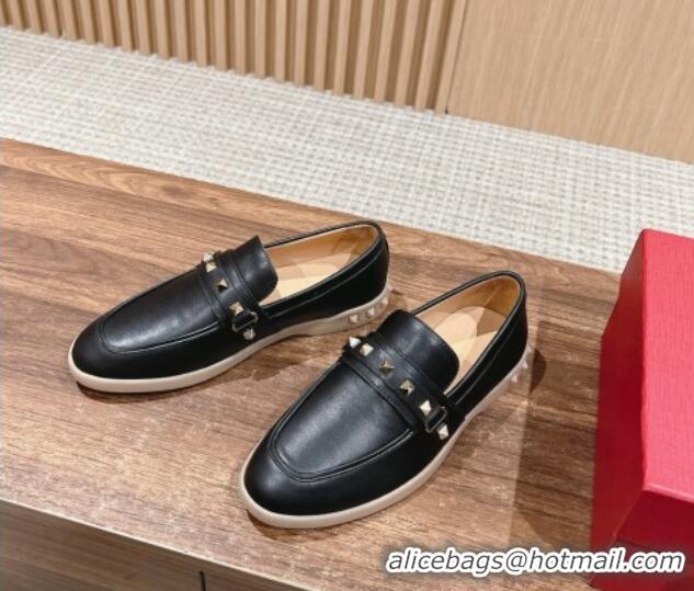 Unique Style Valentino Leisure Flows Rockstud Loafers in Leather Black 812135