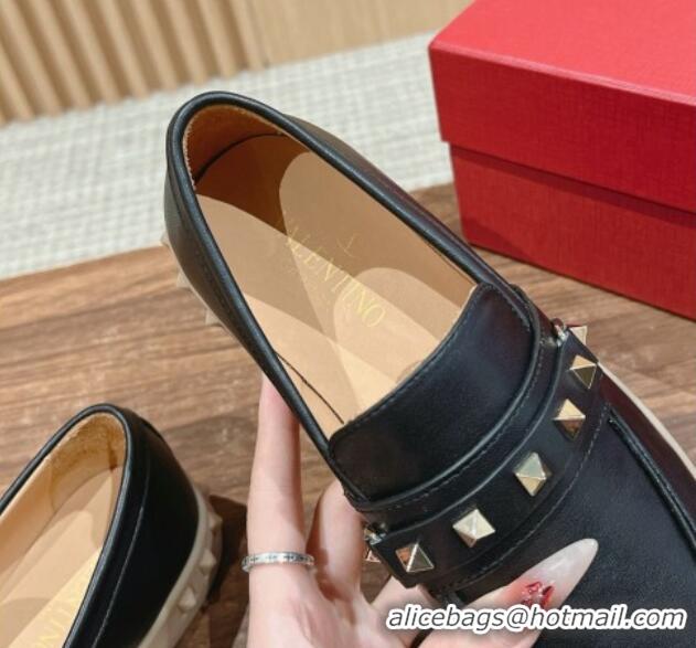 Unique Style Valentino Leisure Flows Rockstud Loafers in Leather Black 812135