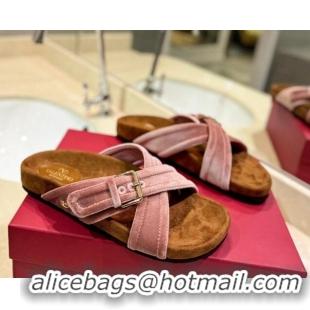 Good Looking Valentino Fussfriend Velvet Flat Slides Sandal with Buckle Strap Lip Pink 812139