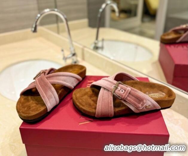 Good Looking Valentino Fussfriend Velvet Flat Slides Sandal with Buckle Strap Lip Pink 812139