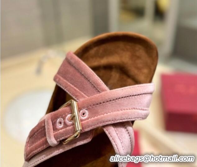 Good Looking Valentino Fussfriend Velvet Flat Slides Sandal with Buckle Strap Lip Pink 812139