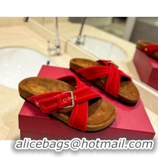 Popular Style Valentino Fussfriend Velvet Flat Slides Sandal with Buckle Strap Red 812140