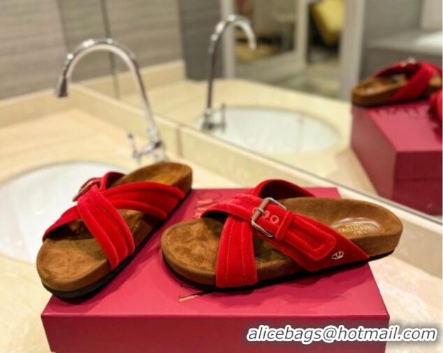 Popular Style Valentino Fussfriend Velvet Flat Slides Sandal with Buckle Strap Red 812140