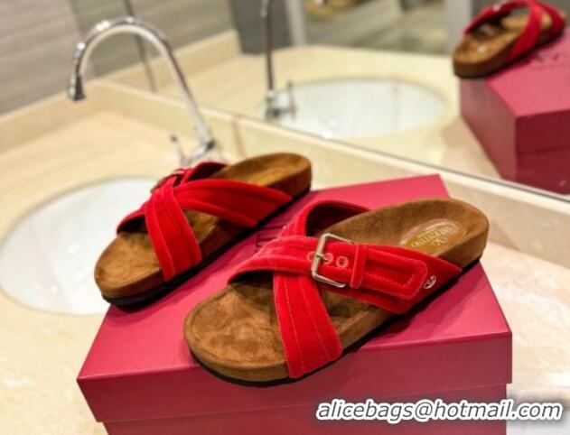 Popular Style Valentino Fussfriend Velvet Flat Slides Sandal with Buckle Strap Red 812140