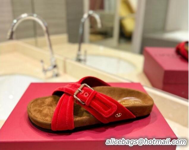 Popular Style Valentino Fussfriend Velvet Flat Slides Sandal with Buckle Strap Red 812140