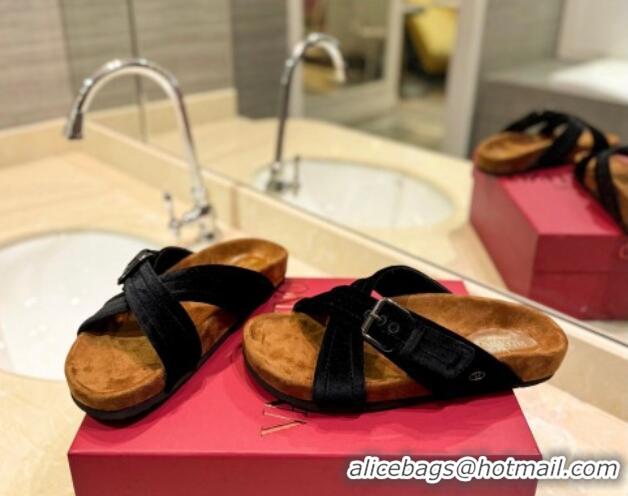 Most Popular Valentino Fussfriend Velvet Flat Slides Sandal with Buckle Strap Black 812141