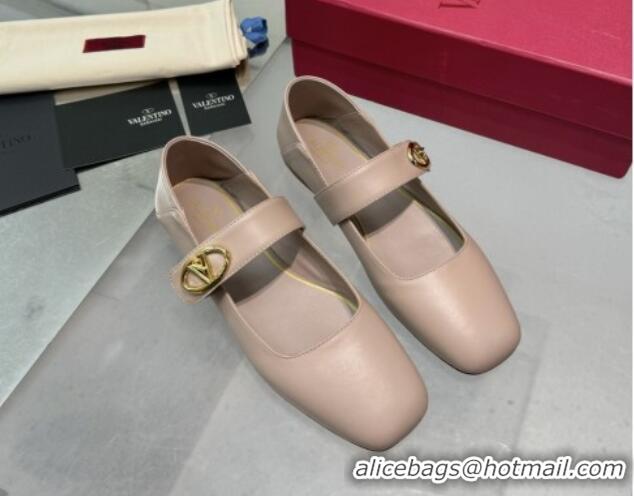 Classic Hot Valentino VLogo Locker Mary-Jane Ballerina in Calfskin Nude Pink 082803