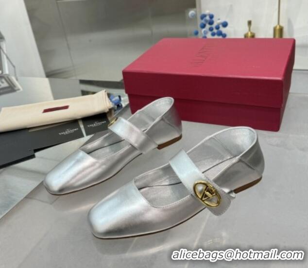 Classic Specials Valentino VLogo Locker Mary-Jane Ballerina in Calfskin Silver 082805