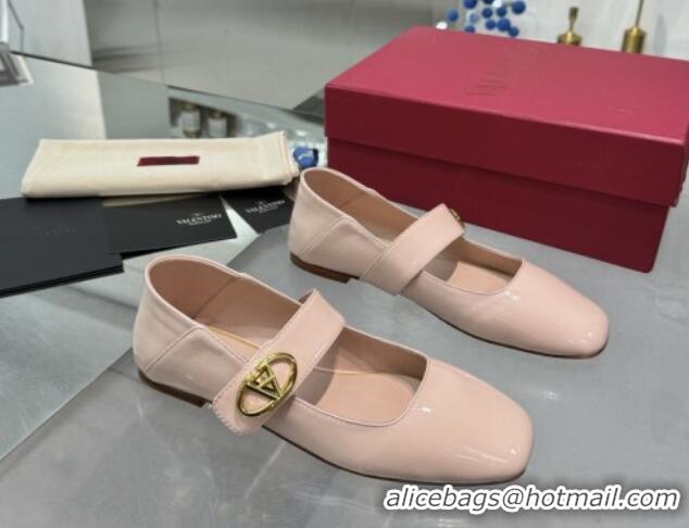 Best Grade Valentino VLogo Locker Mary-Jane Ballerina in Patent Calfskin Nude Pink 082806