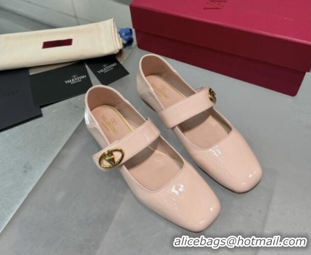 Best Grade Valentino VLogo Locker Mary-Jane Ballerina in Patent Calfskin Nude Pink 082806