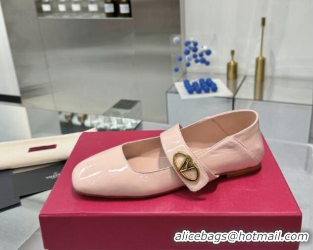 Best Grade Valentino VLogo Locker Mary-Jane Ballerina in Patent Calfskin Nude Pink 082806