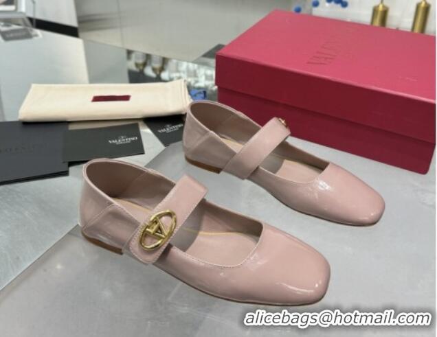 Best Grade Valentino VLogo Locker Mary-Jane Ballerina in Patent Calfskin Nude Pink 082806