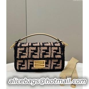 Reasonable Price Fendi Medium Baguette bag in Raffia FF Straw 8273B Black 2024