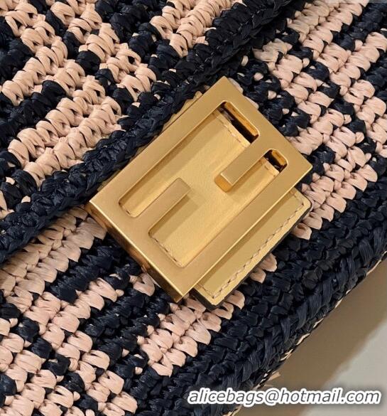 Reasonable Price Fendi Medium Baguette bag in Raffia FF Straw 8273B Black 2024