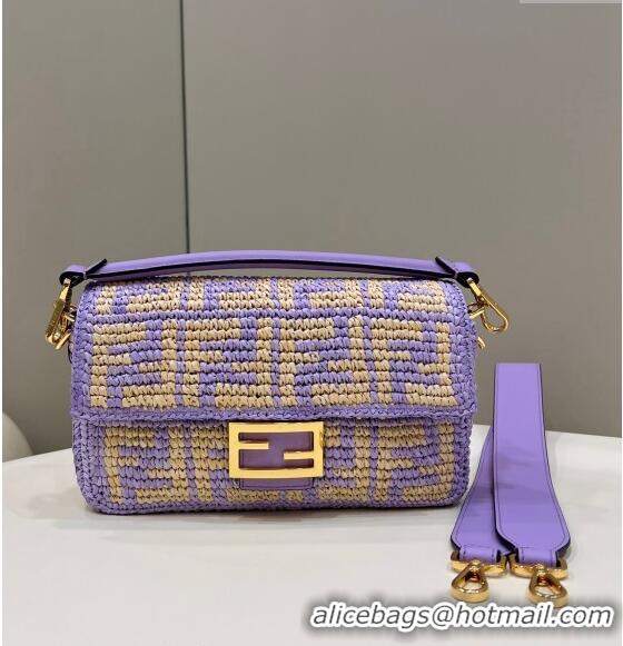 Buy Discount Fendi Medium Baguette bag in Raffia FF Straw 8273B Light Purple 2024