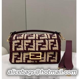 Super Quality Fendi Medium Baguette bag in Raffia FF Straw 8273B Burgundy 2024