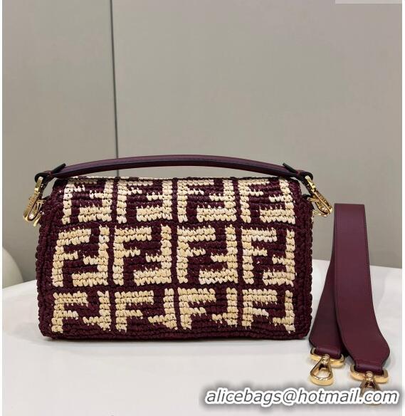 Super Quality Fendi Medium Baguette bag in Raffia FF Straw 8273B Burgundy 2024