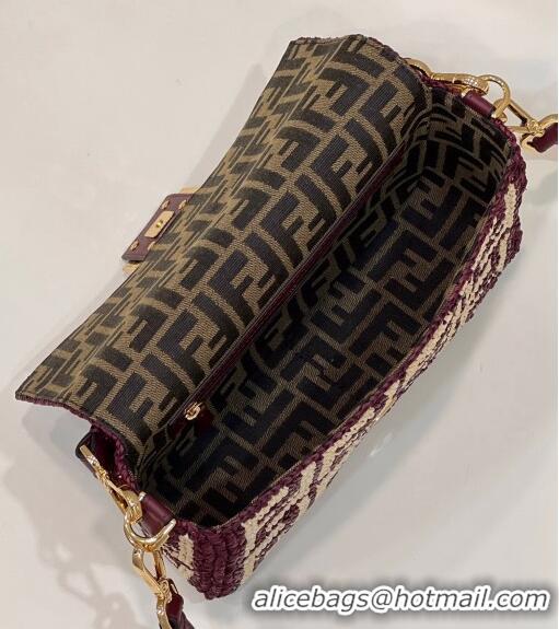 Super Quality Fendi Medium Baguette bag in Raffia FF Straw 8273B Burgundy 2024