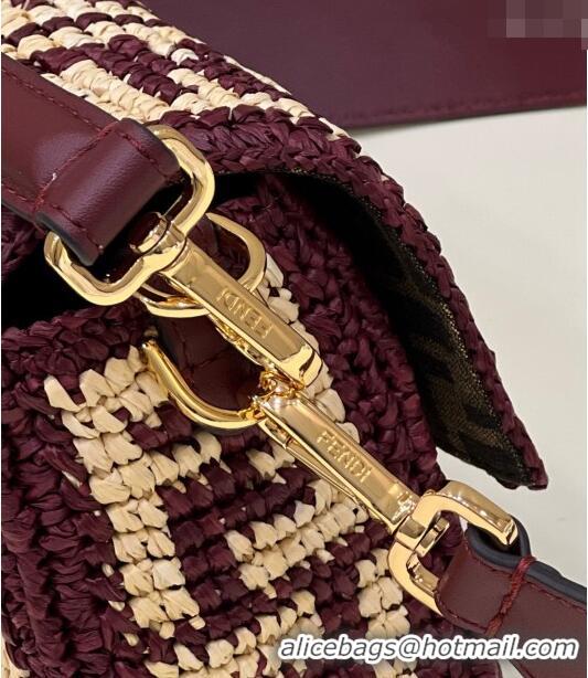 Super Quality Fendi Medium Baguette bag in Raffia FF Straw 8273B Burgundy 2024