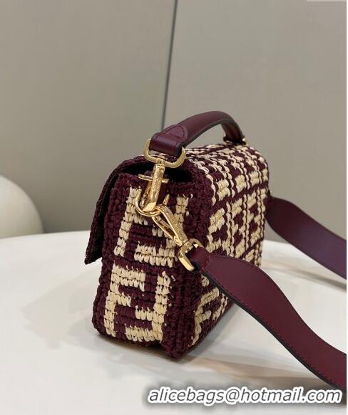 Super Quality Fendi Medium Baguette bag in Raffia FF Straw 8273B Burgundy 2024