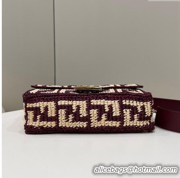 Super Quality Fendi Medium Baguette bag in Raffia FF Straw 8273B Burgundy 2024