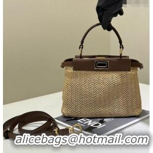 Promotional Fendi Peekaboo Mini Bag in Brown Leather and Beige Raffia Straw F8667 2024