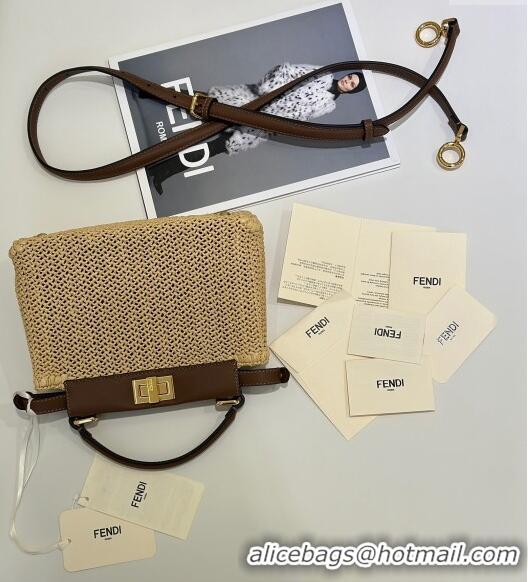 Promotional Fendi Peekaboo Mini Bag in Brown Leather and Beige Raffia Straw F8667 2024