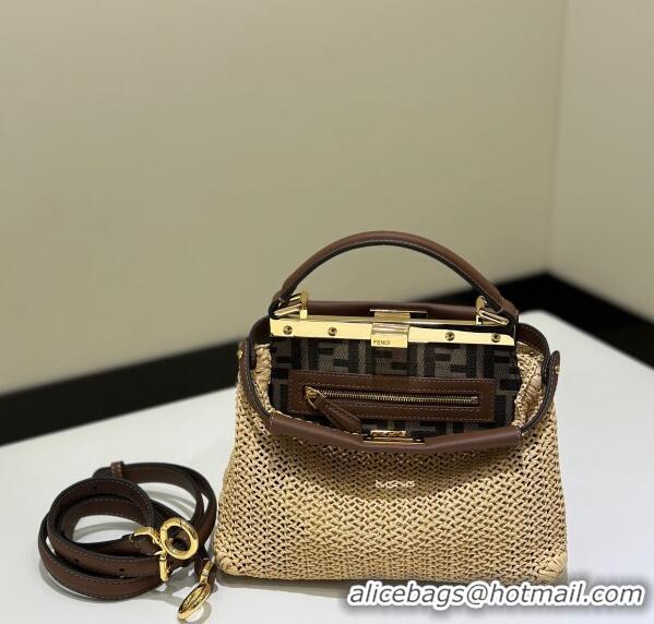 Promotional Fendi Peekaboo Mini Bag in Brown Leather and Beige Raffia Straw F8667 2024