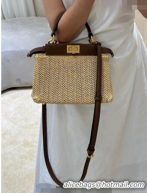 Promotional Fendi Peekaboo Mini Bag in Brown Leather and Beige Raffia Straw F8667 2024