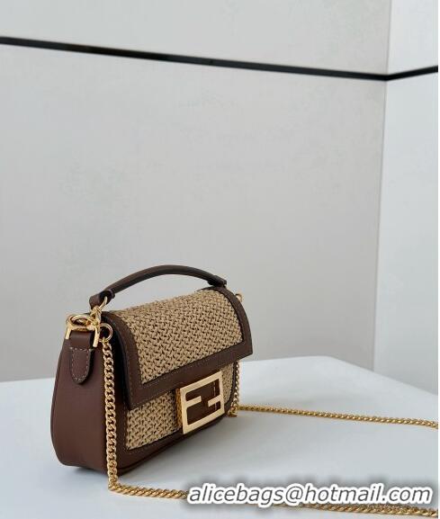 Best Price Fendi Baguette Mini bag in Raffia Straw and Brown Leather 8666S 2024