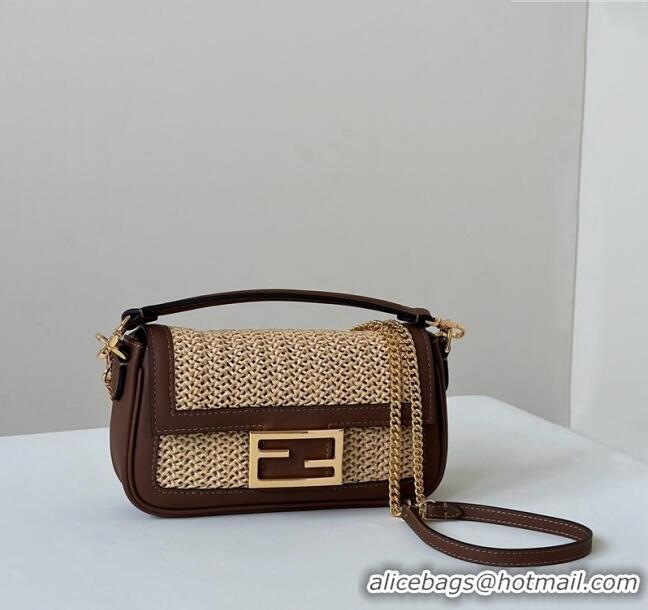 Best Price Fendi Baguette Mini bag in Raffia Straw and Brown Leather 8666S 2024