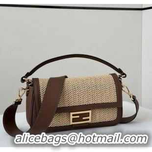 Top Quality Fendi Baguette Medium bag in Raffia Straw and Brown Leather 8666L 2024