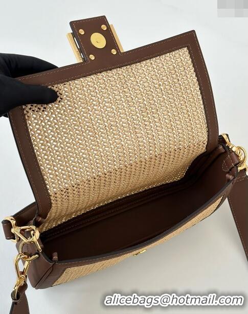 Top Quality Fendi Baguette Medium bag in Raffia Straw and Brown Leather 8666L 2024