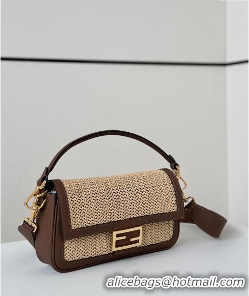 Top Quality Fendi Baguette Medium bag in Raffia Straw and Brown Leather 8666L 2024