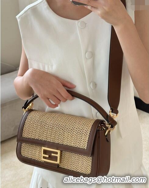 Top Quality Fendi Baguette Medium bag in Raffia Straw and Brown Leather 8666L 2024