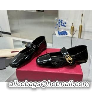 Best Grade Valentino VLogo Locker Mary-Jane Ballerina in Patent Calfskin Black 082811