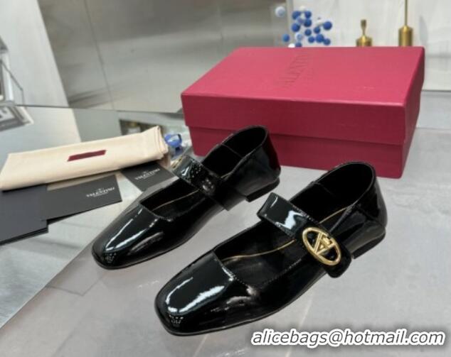 Best Grade Valentino VLogo Locker Mary-Jane Ballerina in Patent Calfskin Black 082811