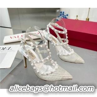 Sumptuous Valentino Rockstud Mesh Pumps with Crystals and Straps 100mm White 082812