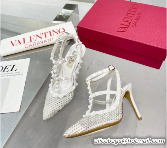 Sumptuous Valentino Rockstud Mesh Pumps with Crystals and Straps 100mm White 082812